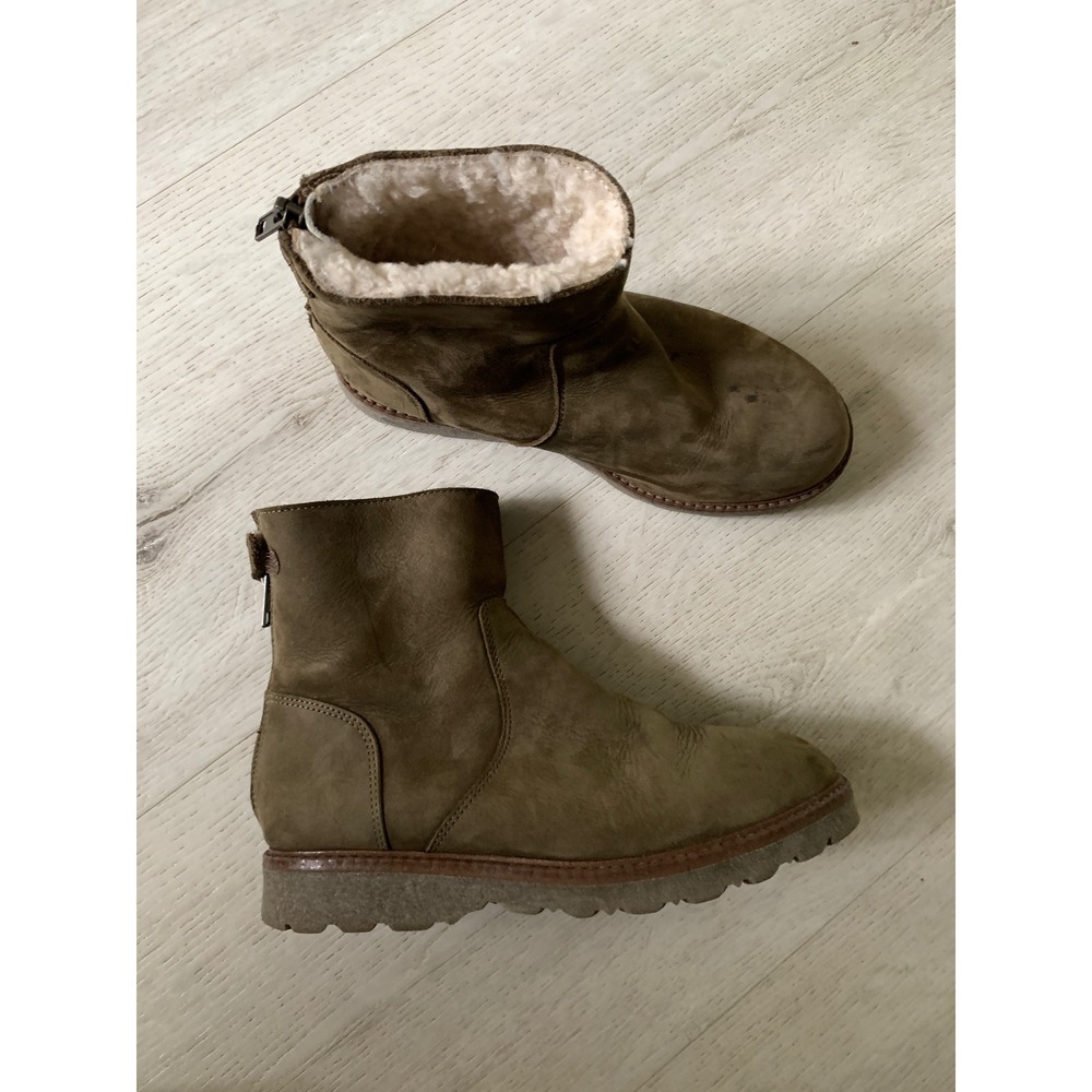 Bonpoint Kids Shearling Lined‎ Leather Boots Olive Green Spain Size 34 Zip Back